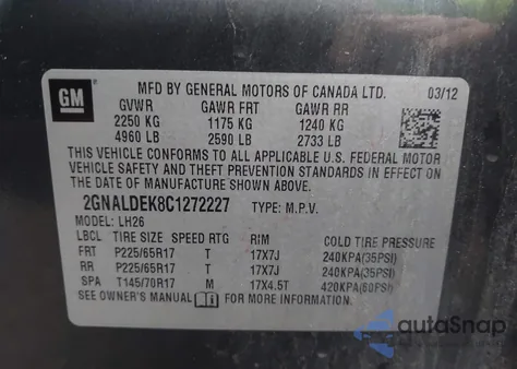 2012 Chevrolet Equinox 1Lt z USA, uszkodzony, nr VIN 2GNALDEK8C1272227